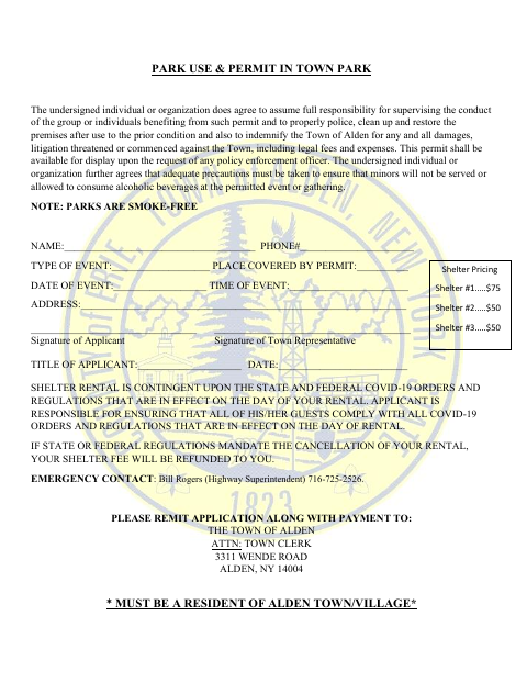 First page of the Park Use & Alcohol Permit in Town Park