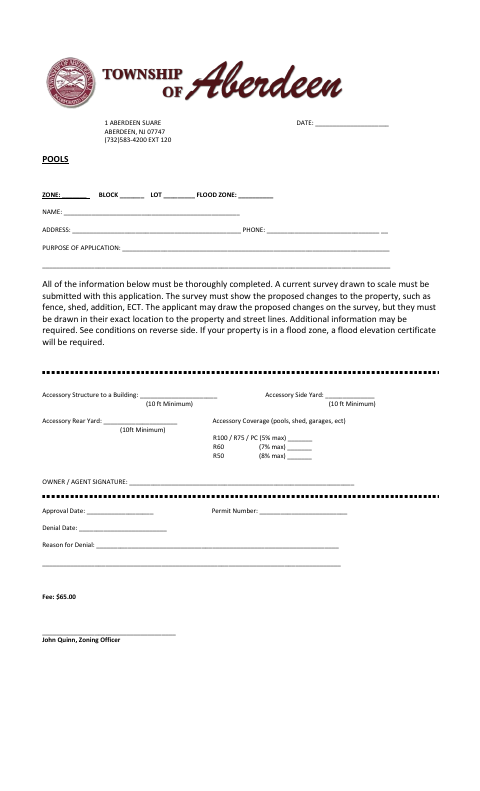 First page of the Permit for Pools