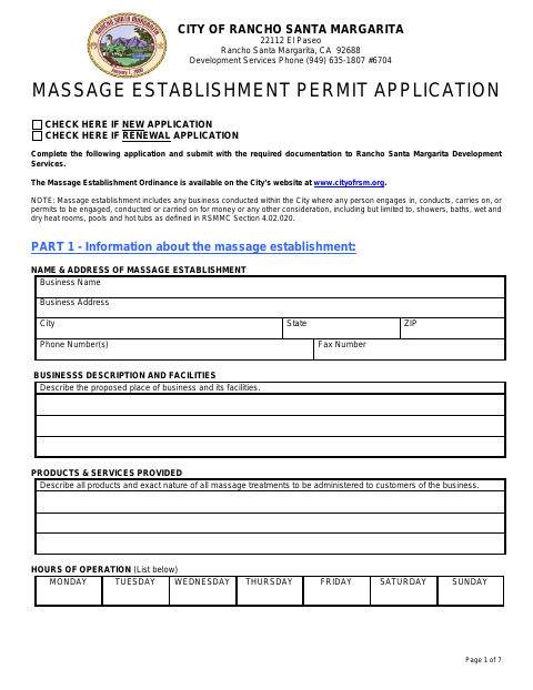 First page of the Massage Establishment Application