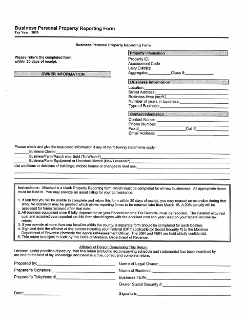 First page of the Business Personal Property Reporting Form