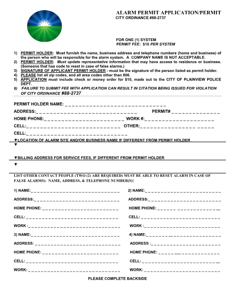 First page of the Alarm Permit Application