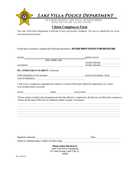 First page of the Citizen Compliment Form