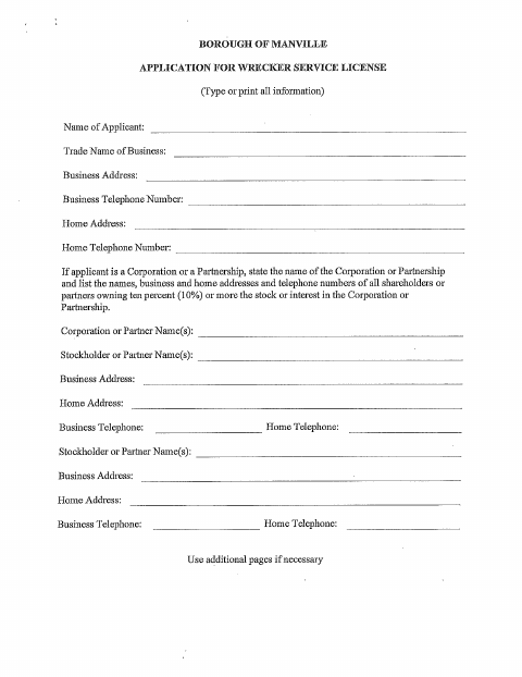 First page of the Wrecker Service License Application