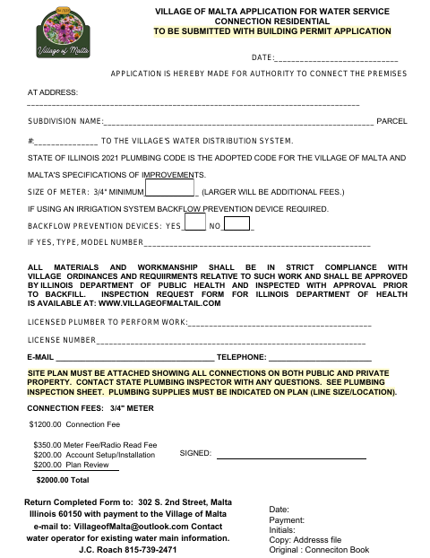 First page of the Application for Water Service Connection