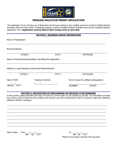First page of the Peddler/Solicitor Permit Application