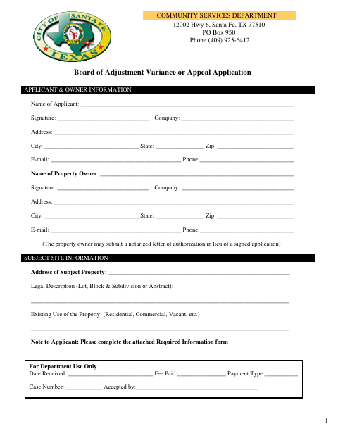 First page of the Board of Adjustment Variance or Appeal Application