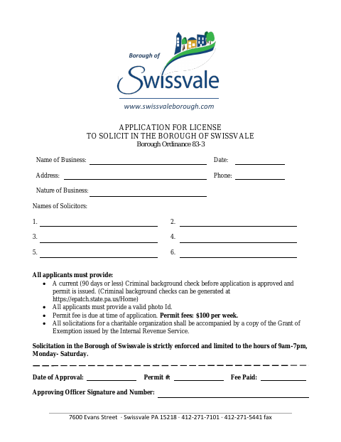 First page of the Application for License to Solicit in the Borough of Swissvale