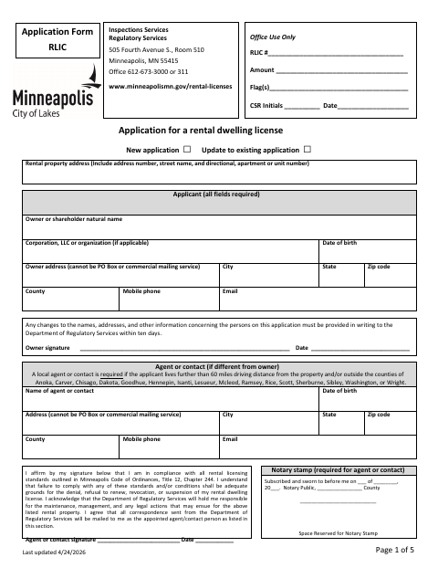 First page of the Rental License Application