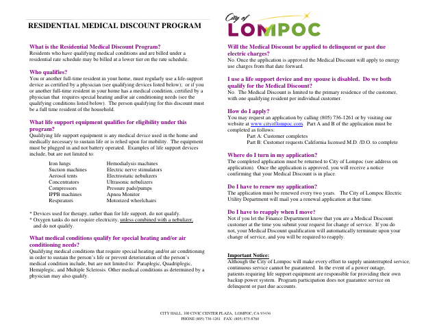 First page of the Residential Medical Discount Program Application
