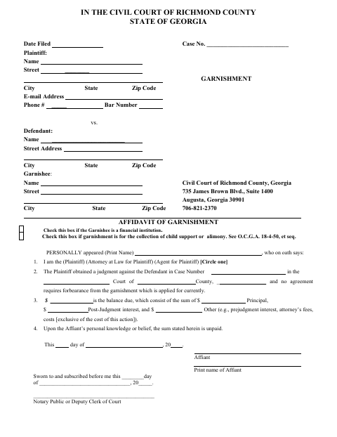 First page of the Civil Court Bank Garnishment Affidavit