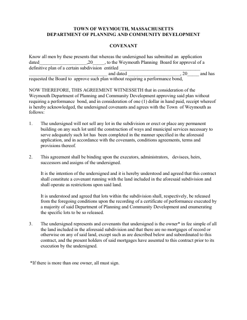 First page of the Subdivision Covenant