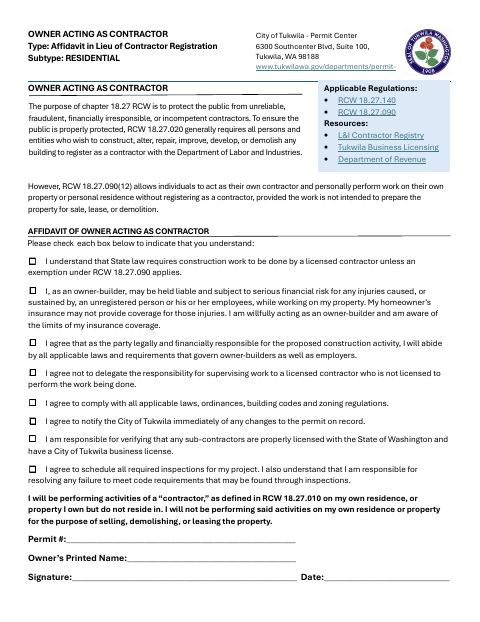 First page of the Affidavit in Lieu of Contractor Registration