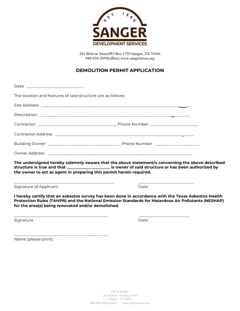 First page of the Demolition Permit Application
