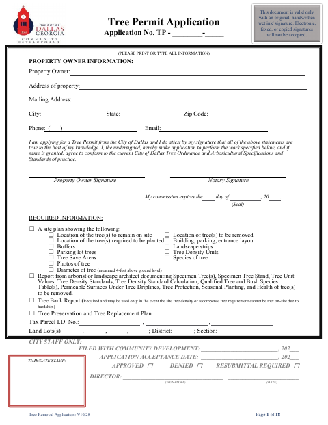 First page of the Tree Removal Permit Application