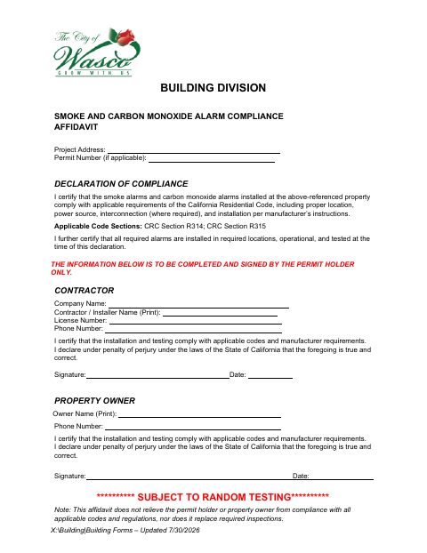 First page of the Smoke and Carbon Monoxide Alarm Compliance Affidavit