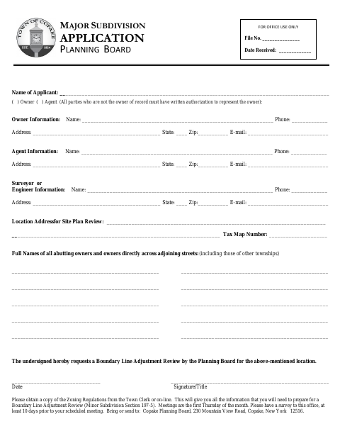 First page of the Major Subdivision Application