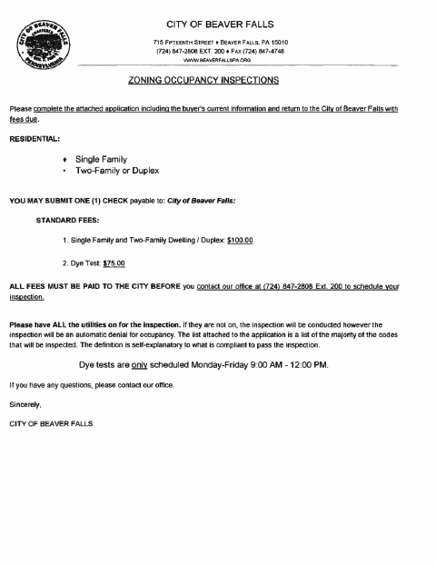 First page of the Zoning Occupancy Application