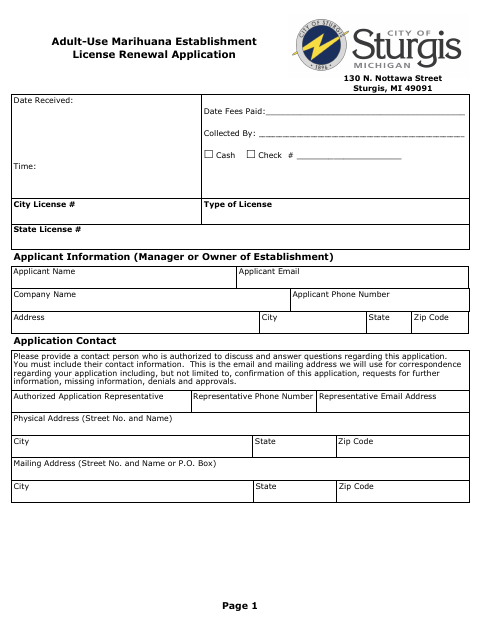 First page of the Adult-Use Marihuana Establishment License Renewal Application