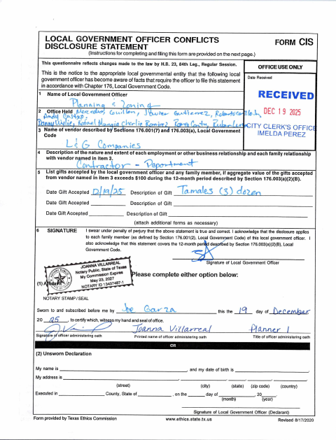 First page of the Local Government Officer Conflicts Disclosure Statement