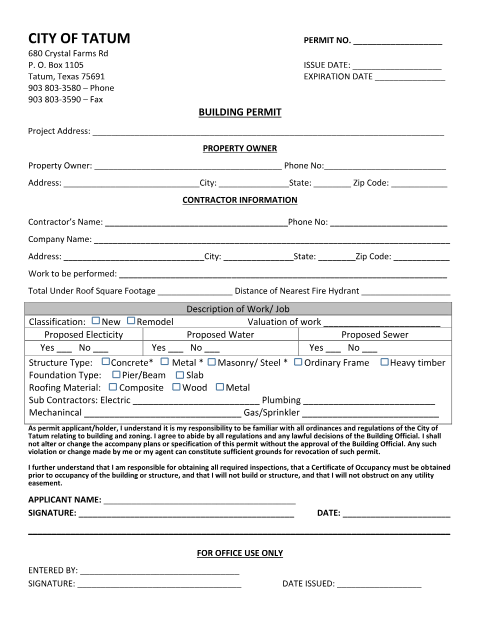 First page of the Residential Building Permit Application