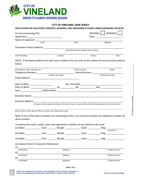First page of the Solicitors, Peddlers, Hawkers, and Canvassers License Application
