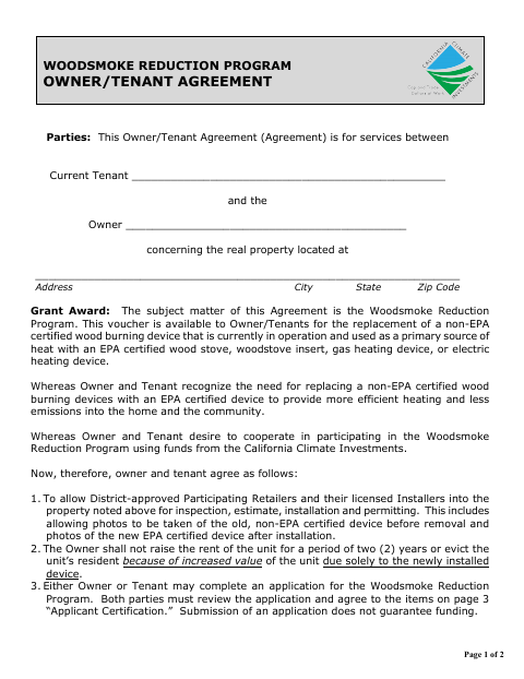 First page of the Owner/Tenant Agreement Form (Woodsmoke Reduction Program)