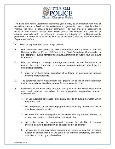 First page of the Citizen Ride-Along Application and Release of Claims