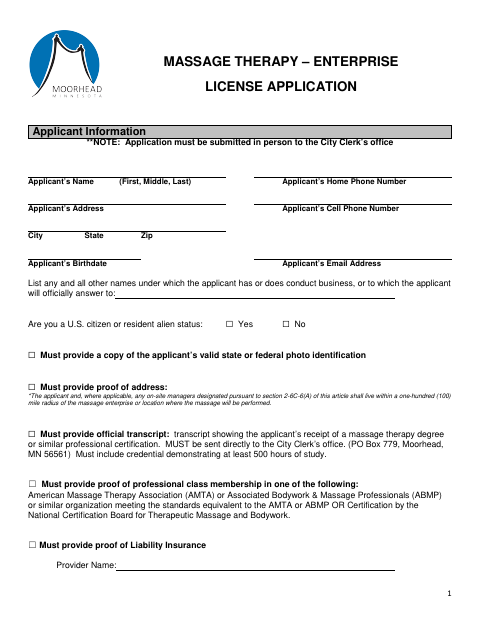 First page of the Massage Therapy Enterprise License Application