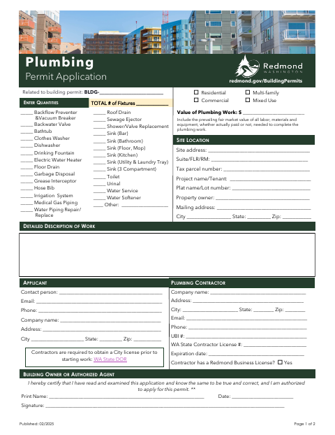 First page of the Plumbing Permit Application