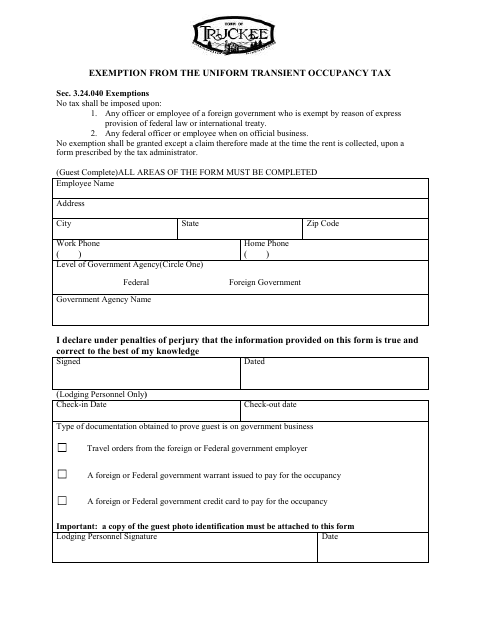 First page of the Exemption From the Uniform Transient Occupancy Tax