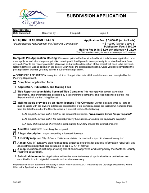 First page of the Subdivision Application