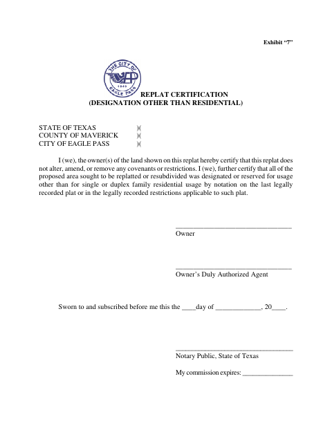 First page of the Replat Certification for Designation Other Than Residential