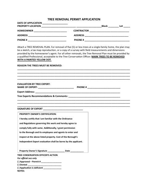First page of the Tree Removal Permit Application