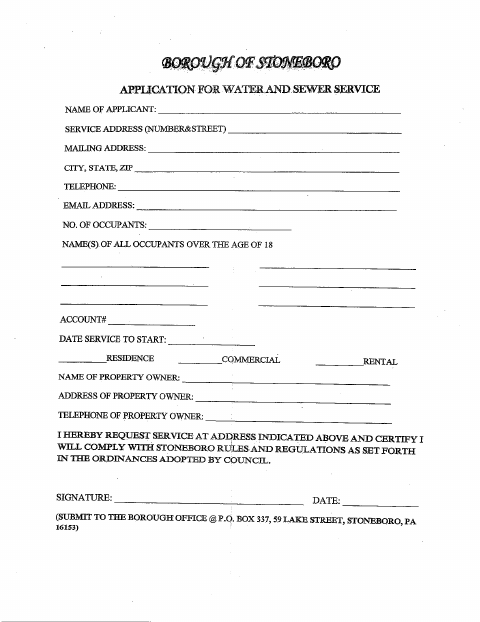 First page of the Water and Sewer Application