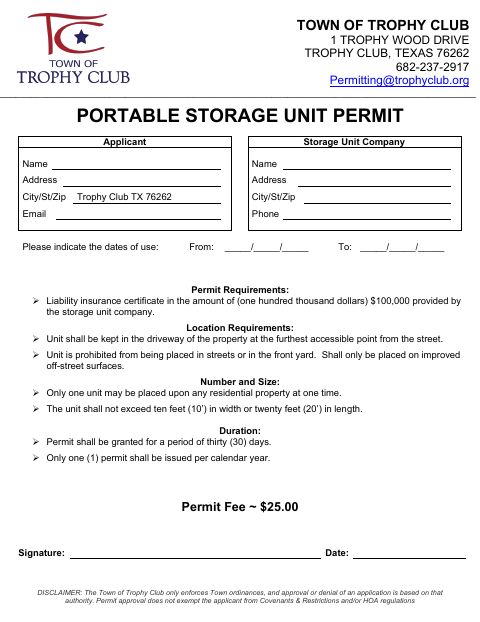First page of the Portable Storage Unit Permit Application