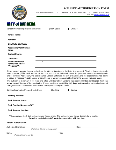 First page of the ACH/EFT Authorization Form