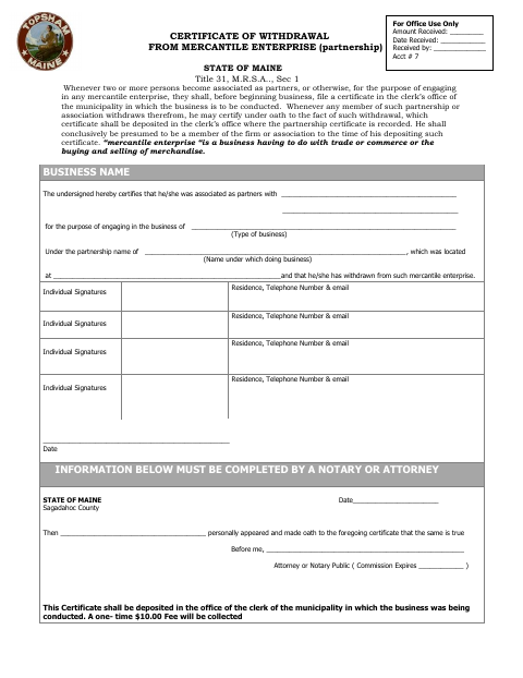 First page of the Certificate of Withdrawal From Mercantile Enterprise (Partnership)