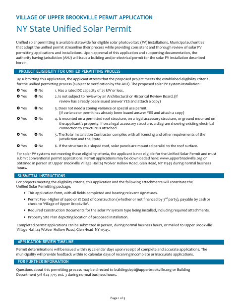 First page of the Unified Residential Solar PV Permitting Application