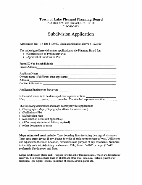 First page of the Subdivision Application