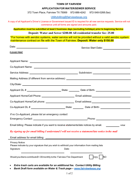 First page of the Water/Sewer Service Application
