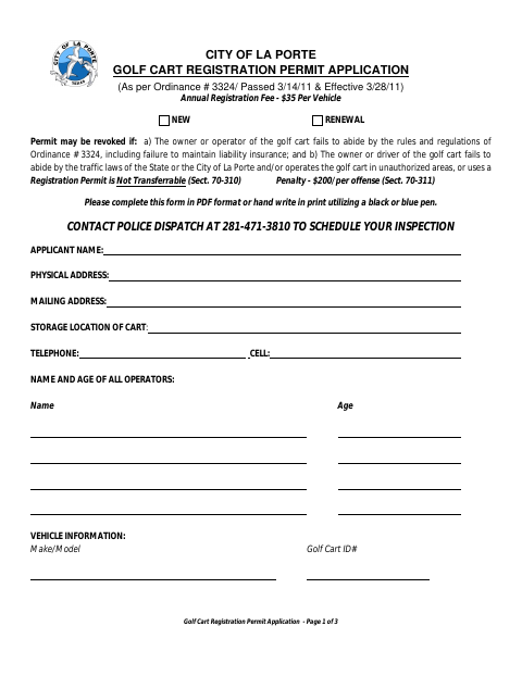 First page of the Golf Cart Registration Permit Application