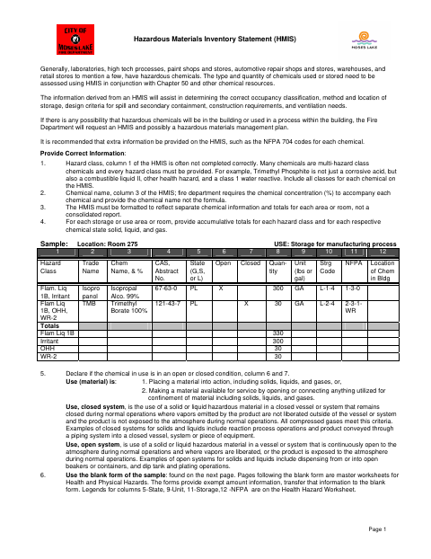 First page of the Hazardous Materials Inventory Statement (HMIS)