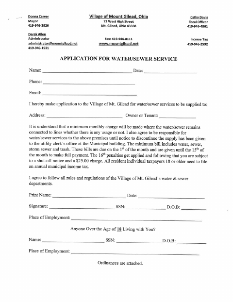 First page of the Application for Water / Sewer Service