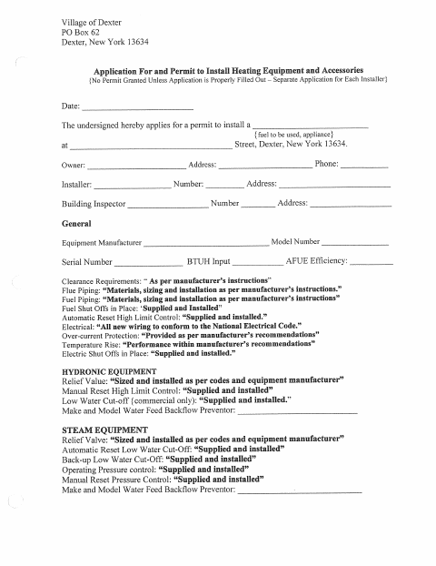 First page of the Application for Installation of Heating Equipment