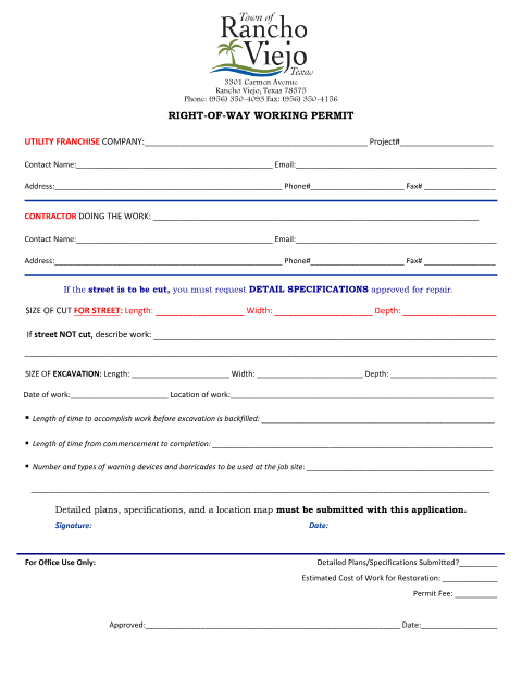 First page of the Right-of-Way Working Permit