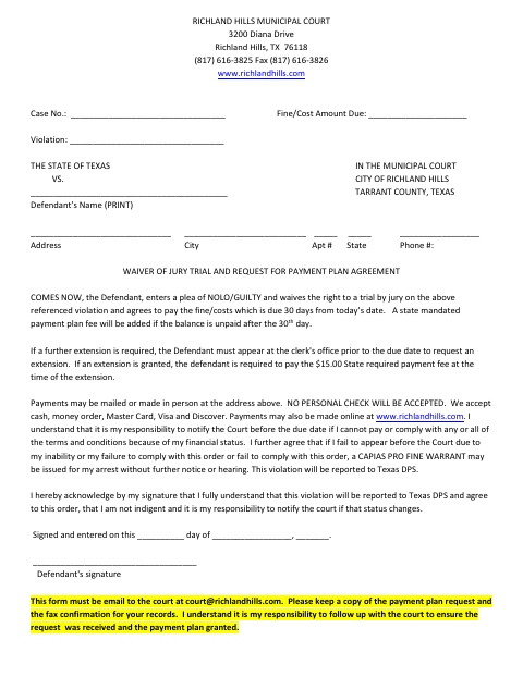 First page of the Waiver of Jury Trial and Request for Payment Plan Agreement