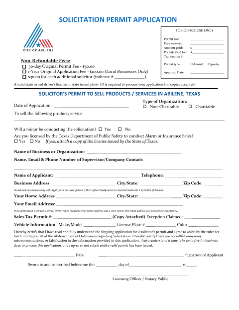 First page of the Solicitation Permit Application