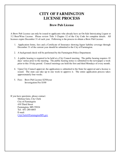 First page of the Brew Pub License Application