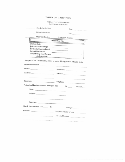 First page of the Subdivision Pre-Application Form