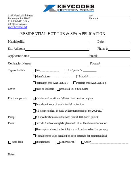 First page of the Residential Hot Tub & Spa Application